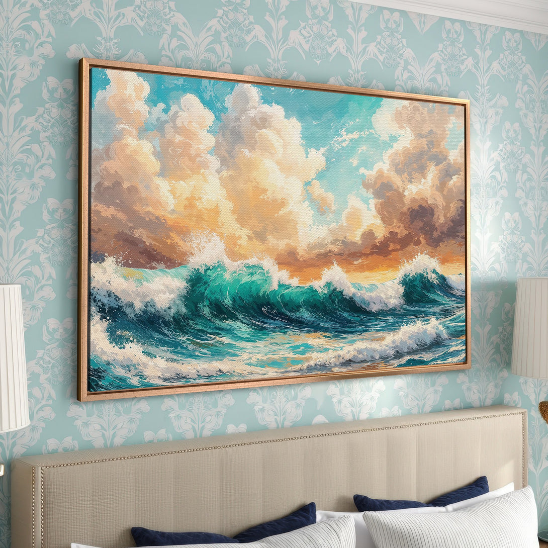 Framed Wall Art: Ocean wave painting in teal, gold, and orange hues. Coastal decor for your bedroom. Enhance your space with this beautiful canvas print.