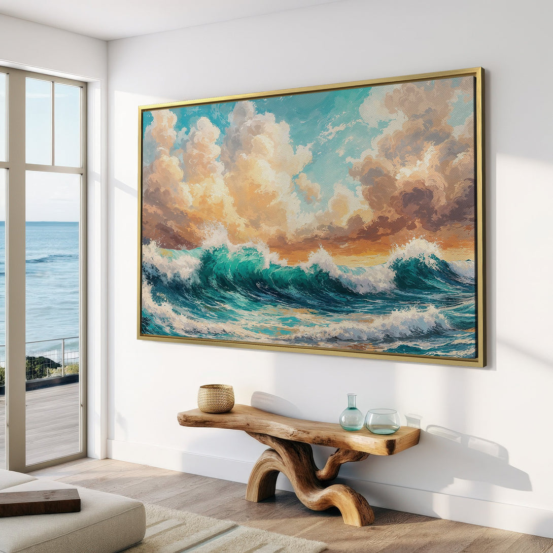 Canvas Print of a vibrant ocean wave painting. Coastal art with teal, blue, and warm sunset hues. Perfect for adding a touch of serenity.