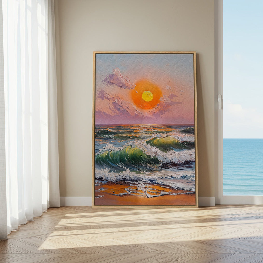 Framed Wall Art: Ocean sunset painting in warm tones. Textured brushstrokes create a vibrant seascape. Perfect for coastal decor.
