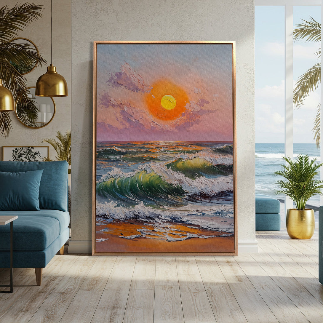 Framed Wall Art: Ocean sunset painting in warm tones. Textured brushstrokes capture waves and sky. Perfect coastal decor for a relaxing vibe.