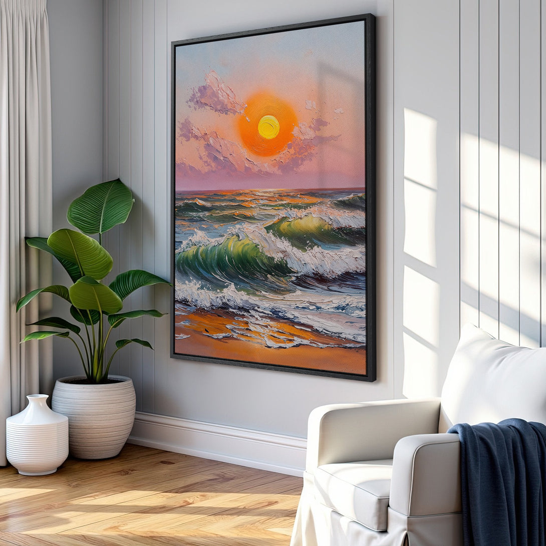 Framed Wall Art: Oil painting of a sunset over the ocean. Warm orange, pink, and green color palette. Perfect coastal decor for your home.