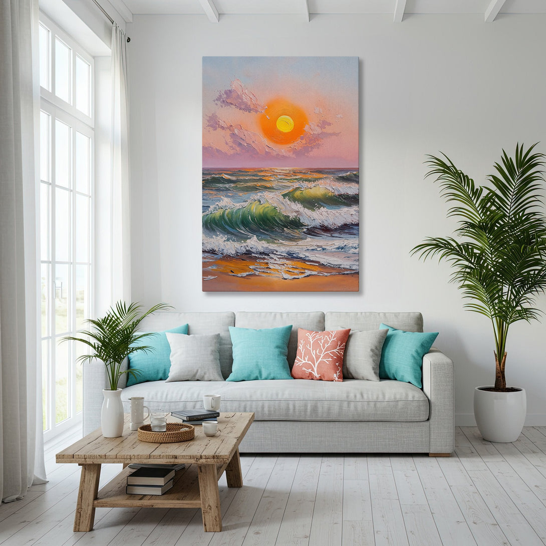 Framed Wall Art: Coastal sunset painting with vibrant ocean waves in a modern interior. Warm orange, green, and blue color palette. Perfect for beach decor.