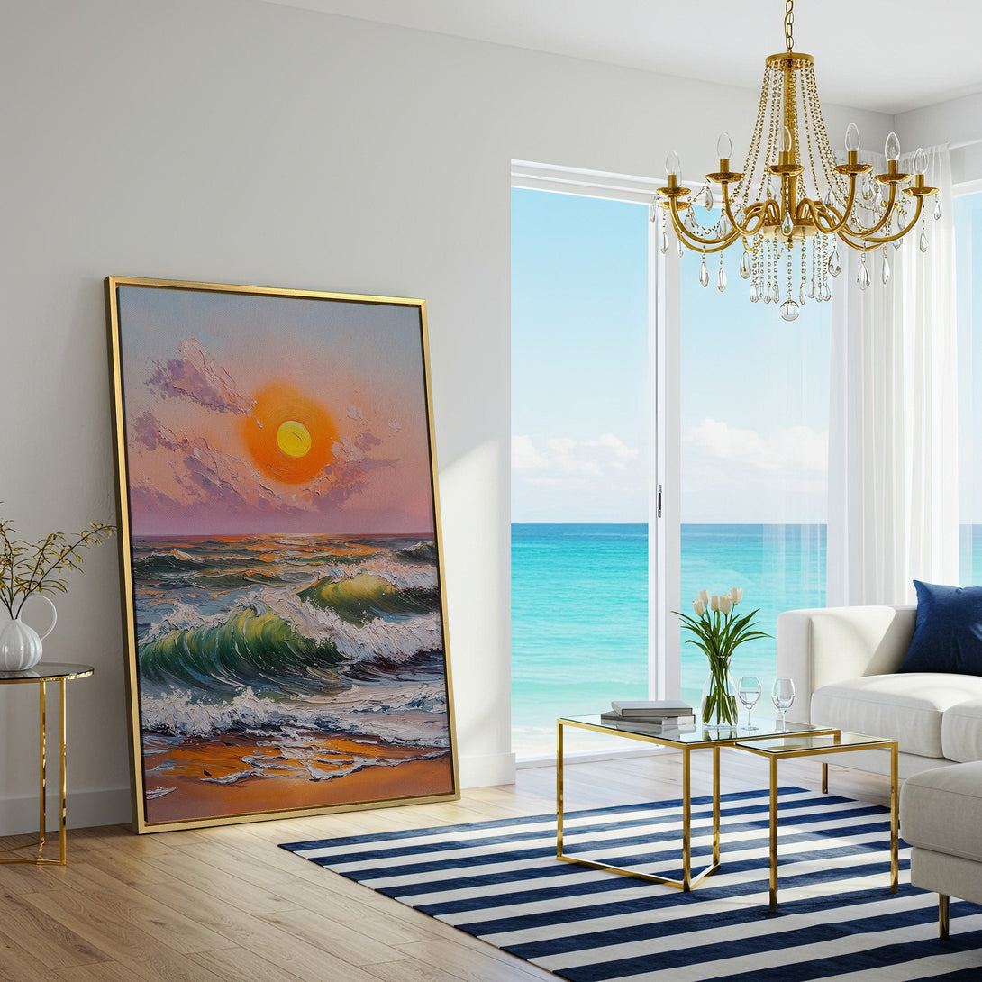 Canvas Print of a vibrant ocean sunset painting in a modern living room. Warm orange, blue, and green color palette. Perfect coastal wall art.