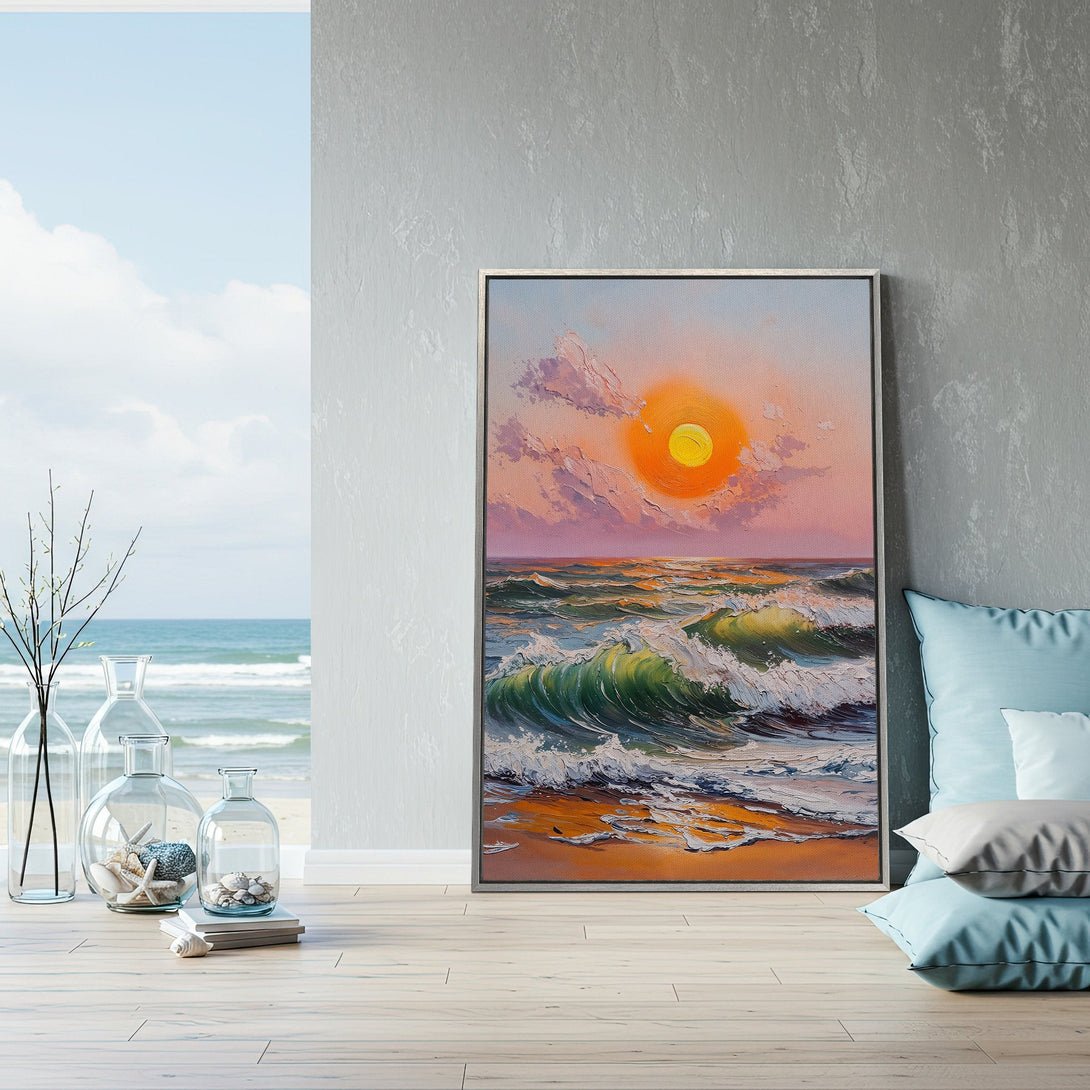 Framed Wall Art: Ocean sunset painting in warm tones. Coastal decor with vibrant greens, oranges, and blues. Add a touch of serenity to your space!