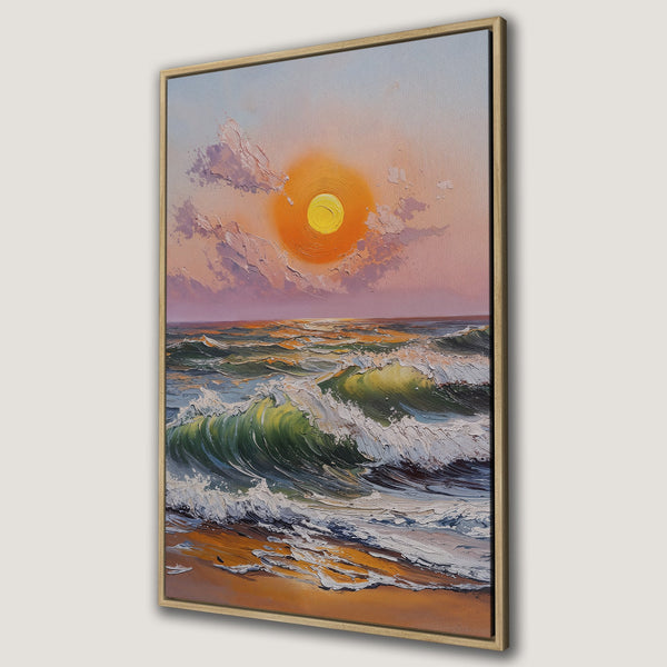 Framed Wall Art: Ocean sunset canvas print. Impasto style painting with warm orange, green, and blue hues. Perfect coastal decor for your home.