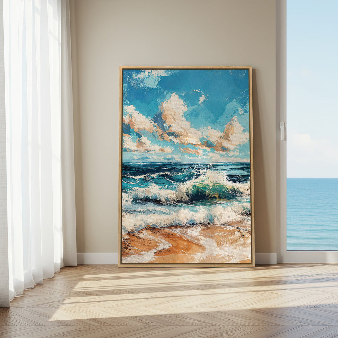 Framed Wall Art: Coastal waves Canvas Print in blue and beige tones, displayed in a bright interior setting. Perfect ocean-themed decor.
