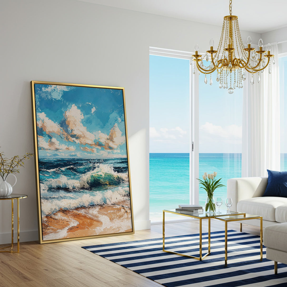 Canvas Print of a seascape painting with blue, beige, and white hues. Coastal wall art for a relaxing living room.