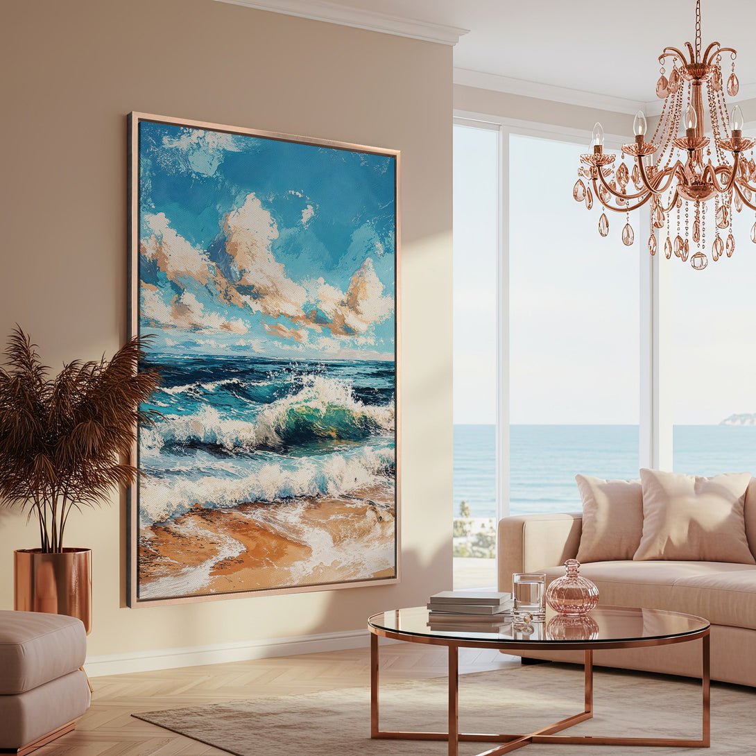 Framed Wall Art: Coastal waves painting in blue and beige tones. Modern canvas print adds a touch of serenity to a stylish living room.