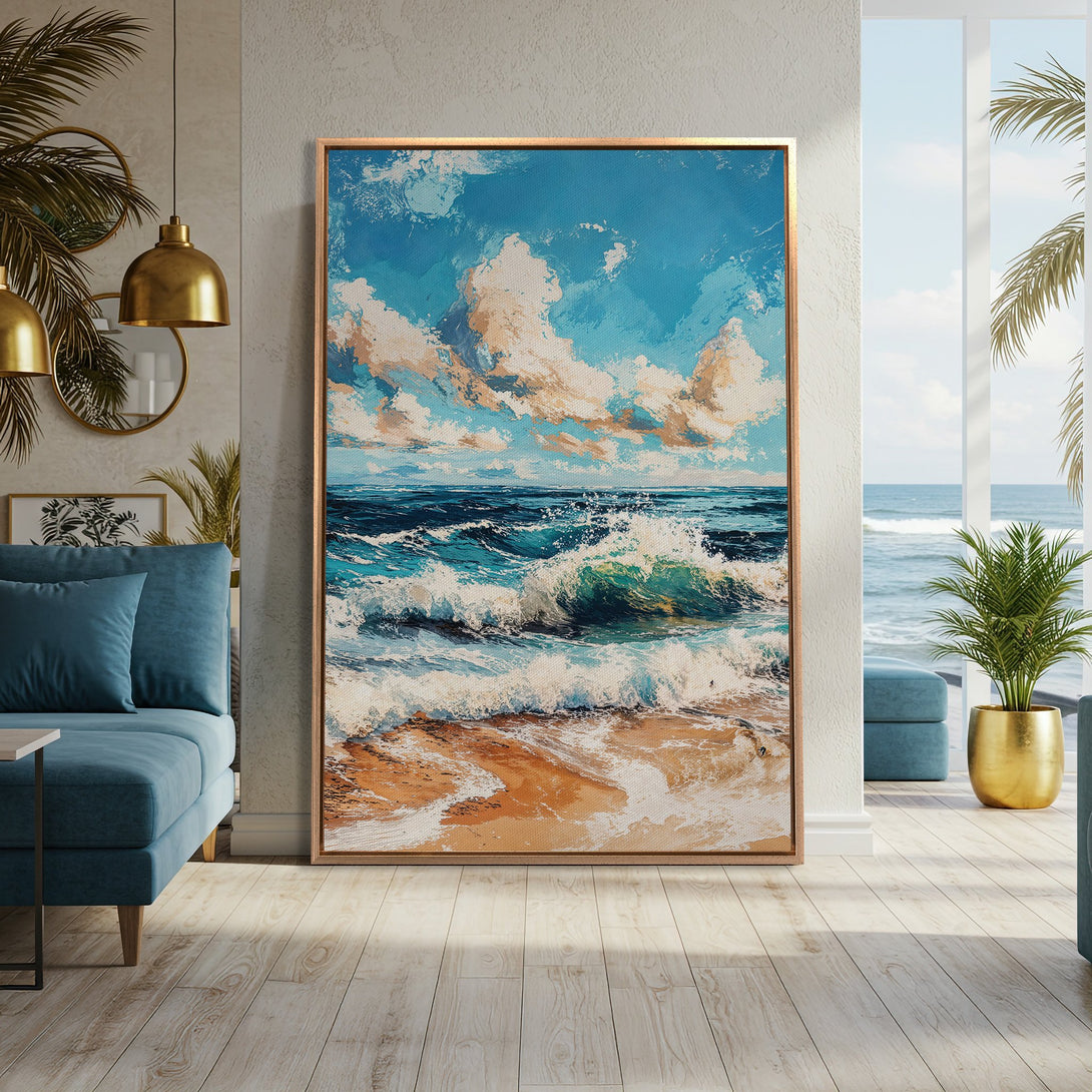 Framed Wall Art: Coastal seascape painting with vibrant blue, turquoise, and sandy tones. Bring the beach home with this stunning canvas print!