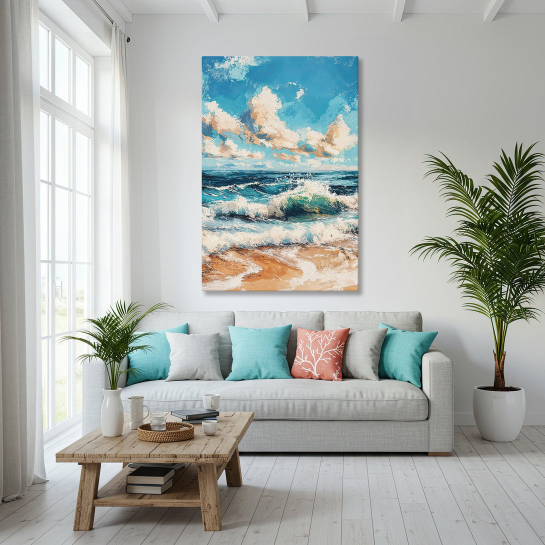 Framed Wall Art: Coastal waves painting in a modern living room. Blue, white, and gold color palette creates a serene, beachy vibe.