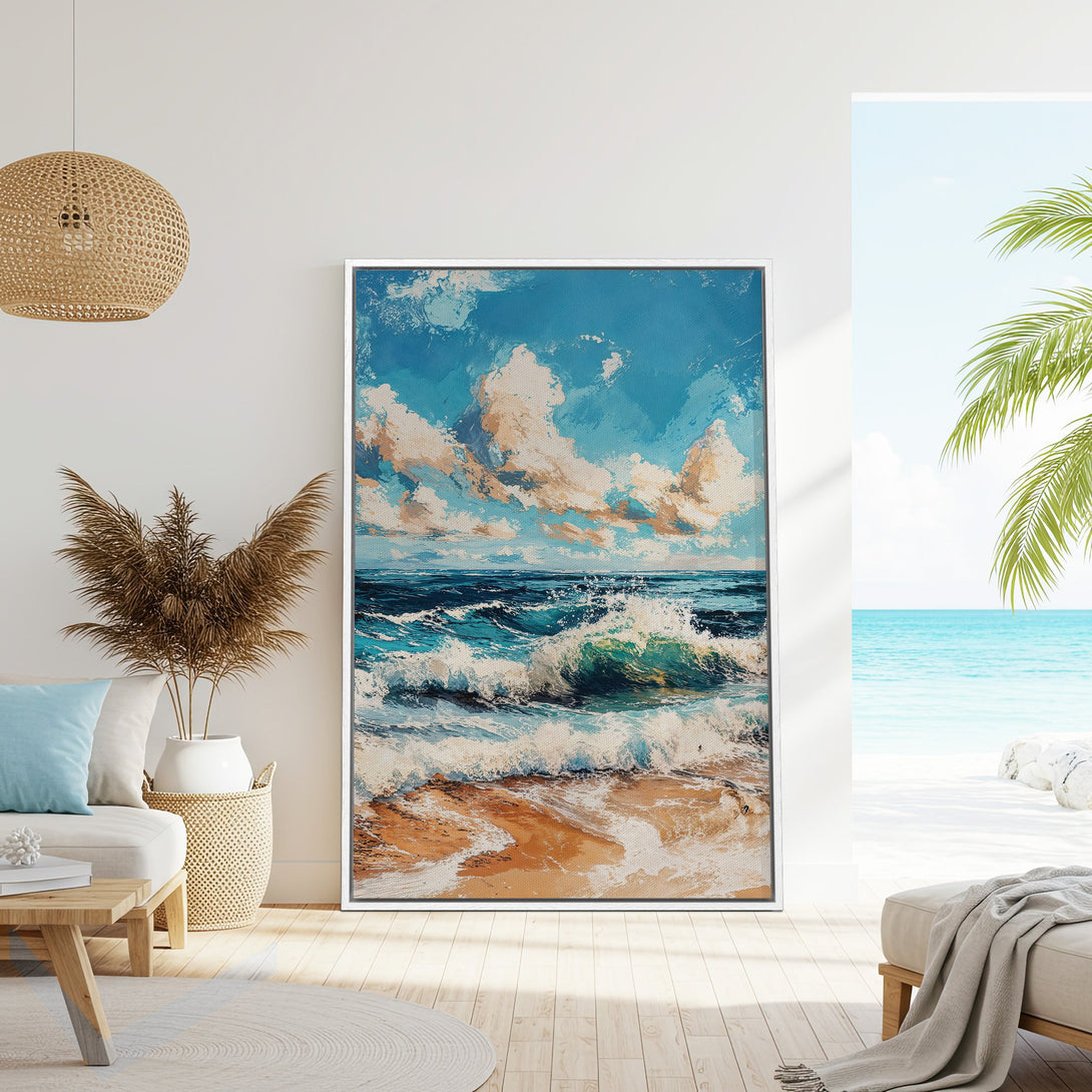 Framed Wall Art: Coastal canvas print with ocean waves in blue and tan. Perfect beach house decor! Bring the sea to your home.