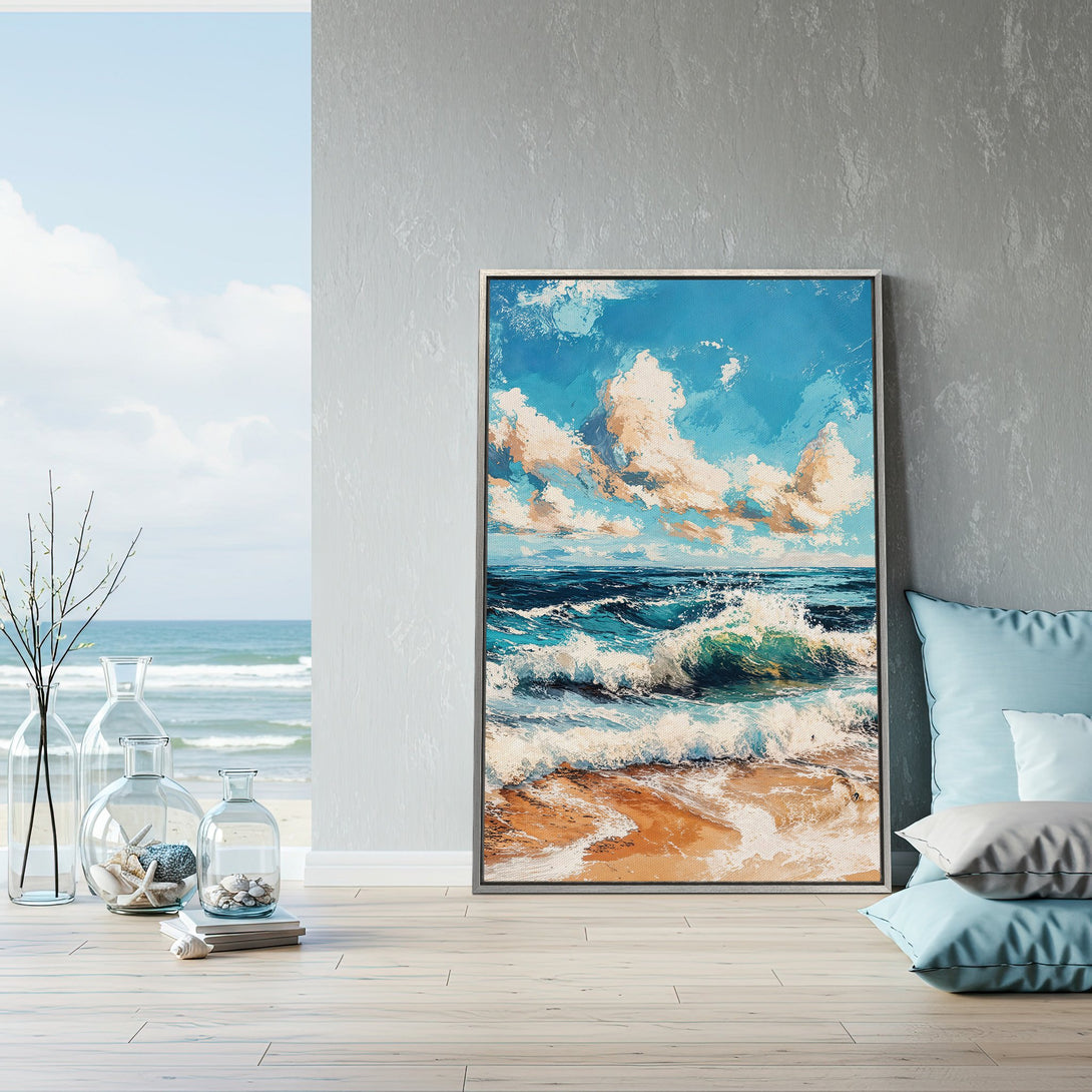 Framed Wall Art: Coastal scene Canvas Print with ocean waves in blue, beige, and white. Perfect for adding a touch of serenity to your home decor.