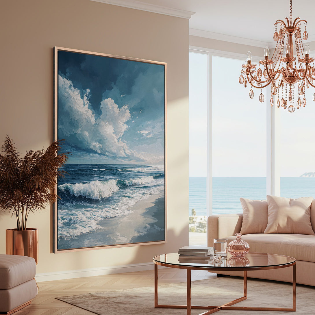 Coastal Canvas Print featuring a serene ocean scene in blue and white, displayed in a stylish, modern interior.