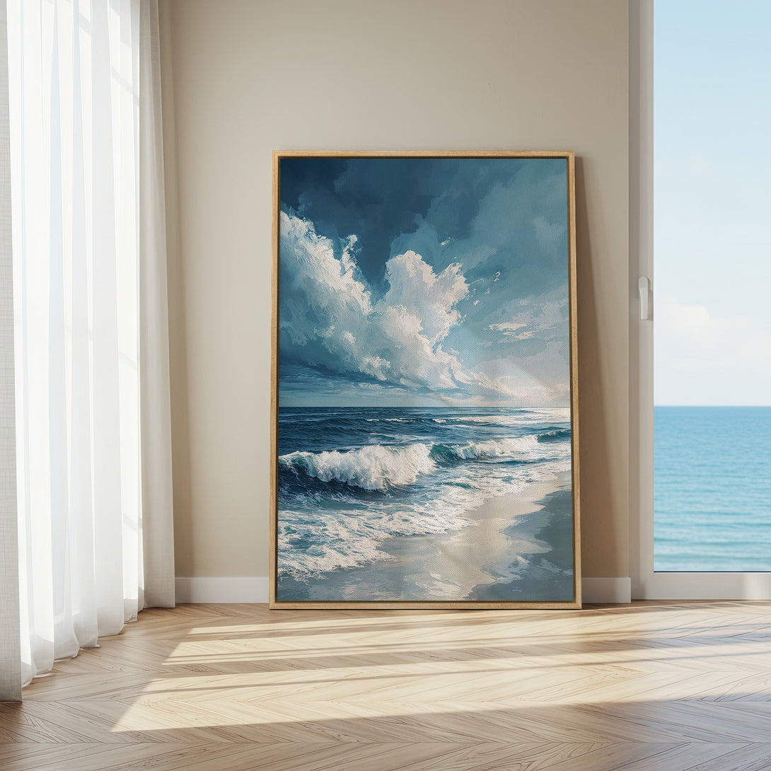 Framed Wall Art featuring a serene ocean scene in a calming blue and white palette. Coastal artwork for your home decor.