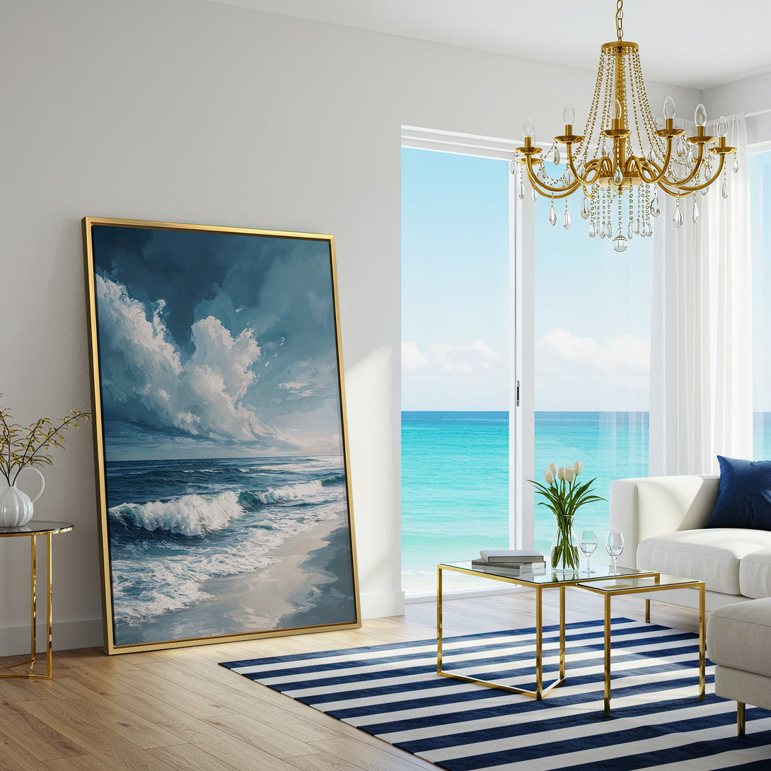 Canvas Print of a serene ocean scene in cool blue and white tones, displayed in a modern living room.