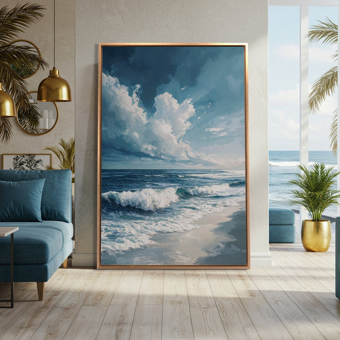 Framed Wall Art of a serene ocean scene in a coastal interior. Blue and white color palette with impressionistic style. Bring the beach home!