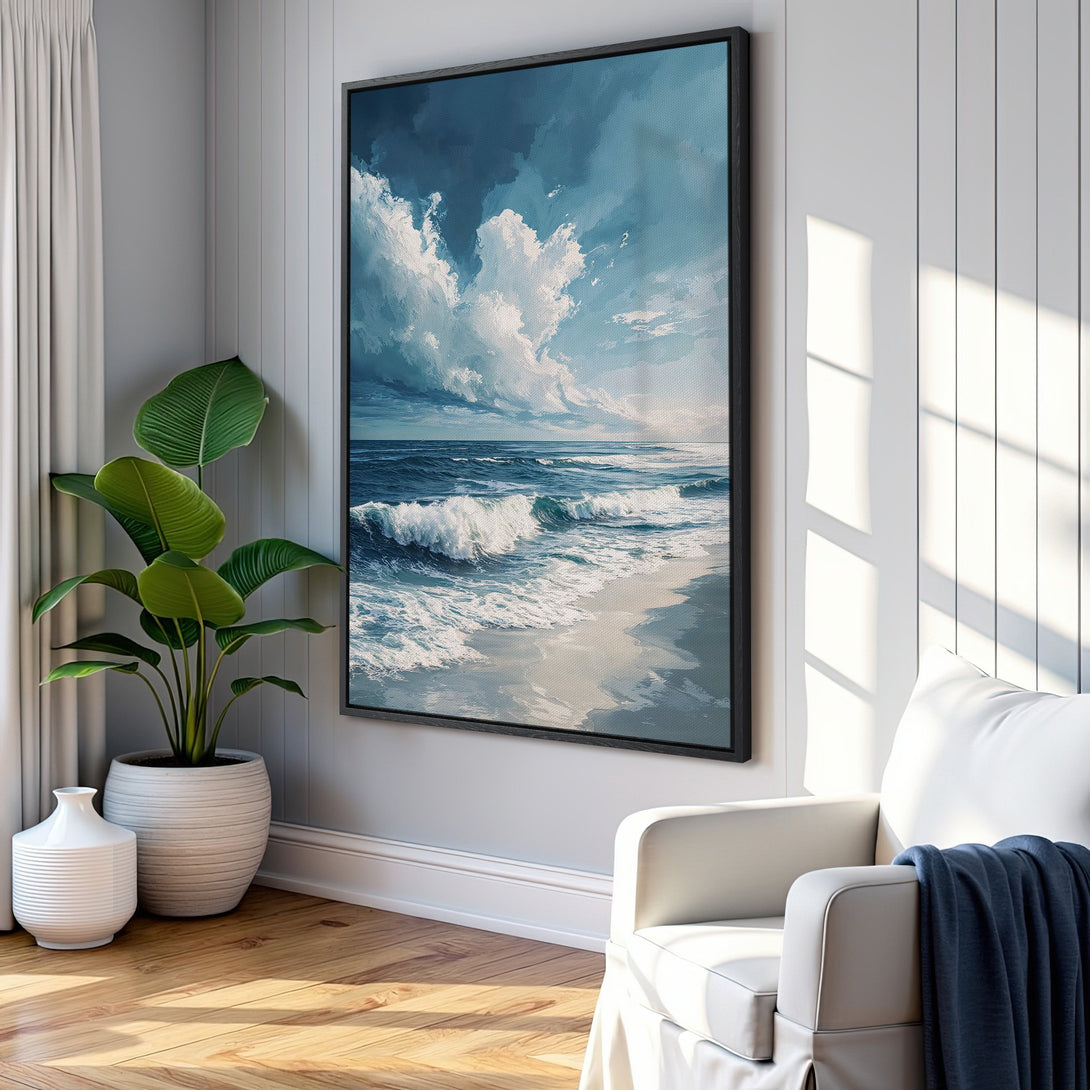 Framed Wall Art: Ocean waves canvas print in a modern interior. Blue and white color palette evokes a calming coastal vibe. Perfect for living room decor!