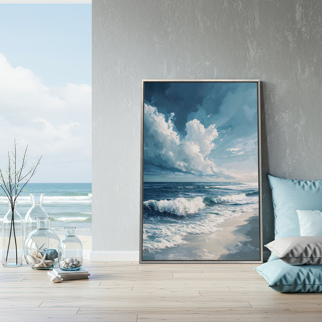 Framed Wall Art: Ocean waves Canvas Print in a coastal interior. Blue and white abstract art with a serene, calming vibe for your home decor.