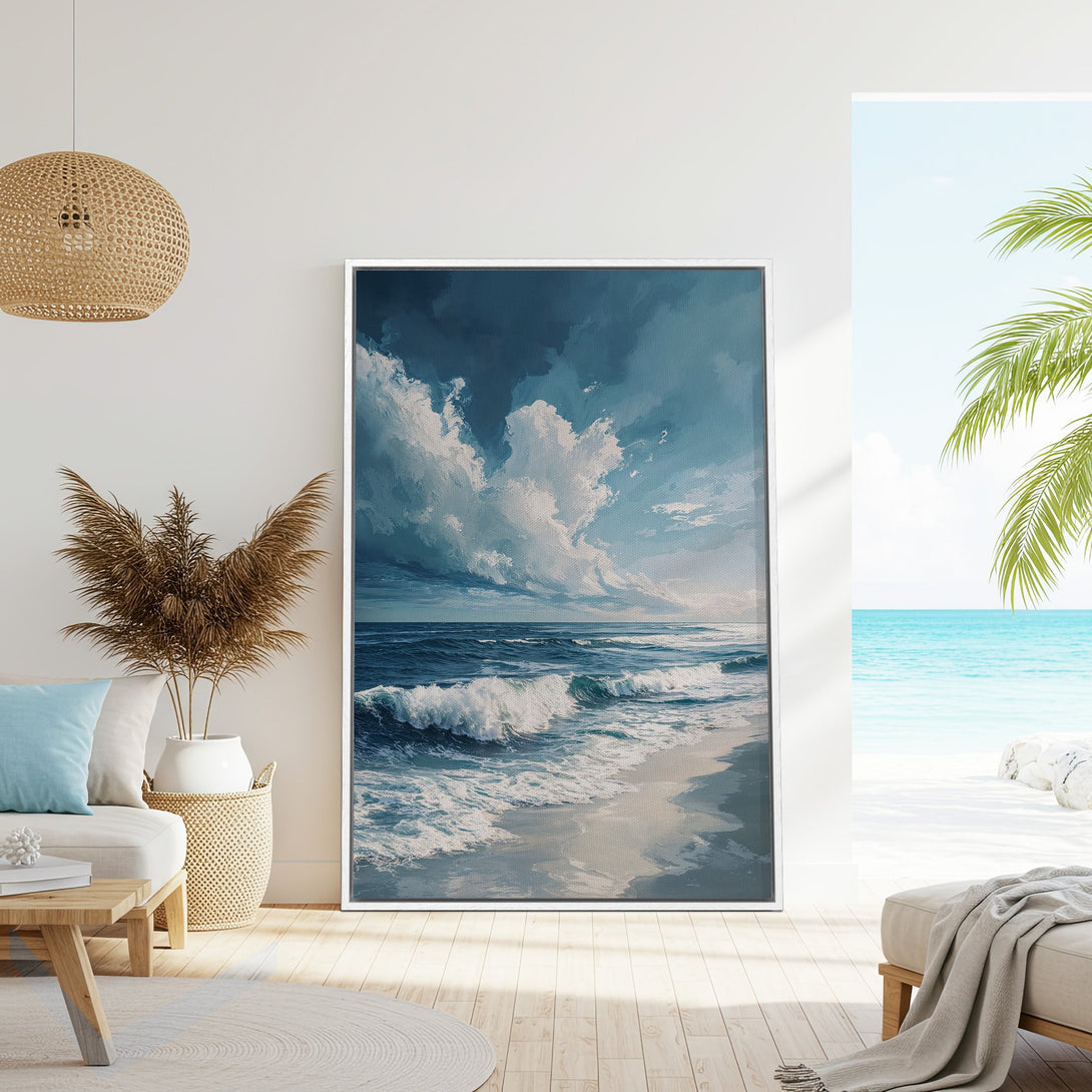 Framed Wall Art: Ocean scene Canvas Print in blue and white. Coastal style artwork displayed in a bright, airy interior. Bring the beach home!