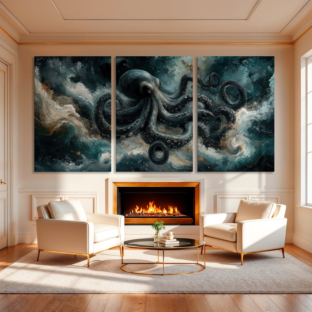 Abstract Canvas Print triptych featuring an octopus in teal and gold tones, displayed in a luxurious living room setting.