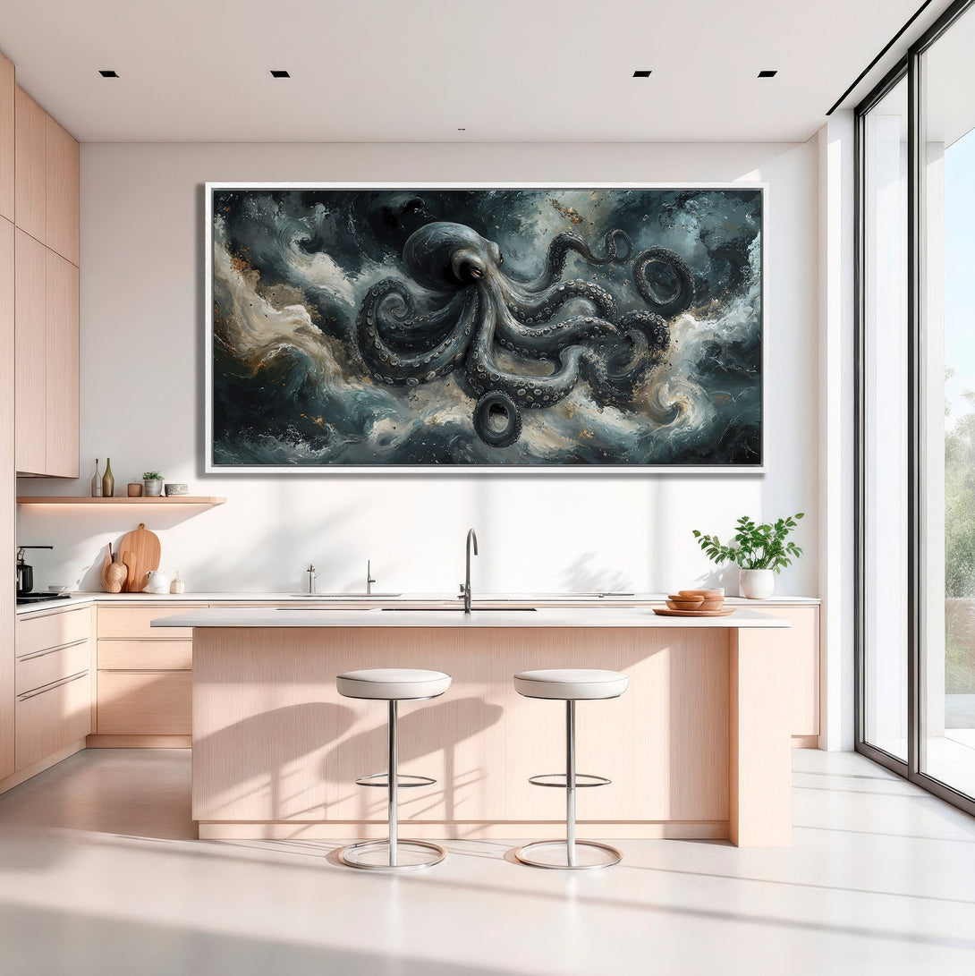 Framed Wall Art: Abstract octopus canvas print in a modern kitchen. Moody blues, grays, and gold tones create a stunning focal point. Elevate your space!