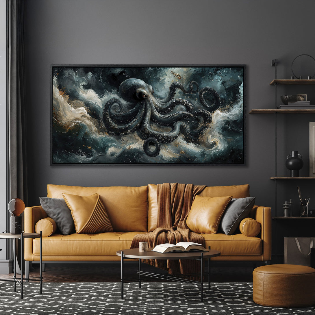 Framed Wall Art: Dramatic octopus painting in a moody, teal and gold color palette. Perfect for adding a touch of modern art to your living room.