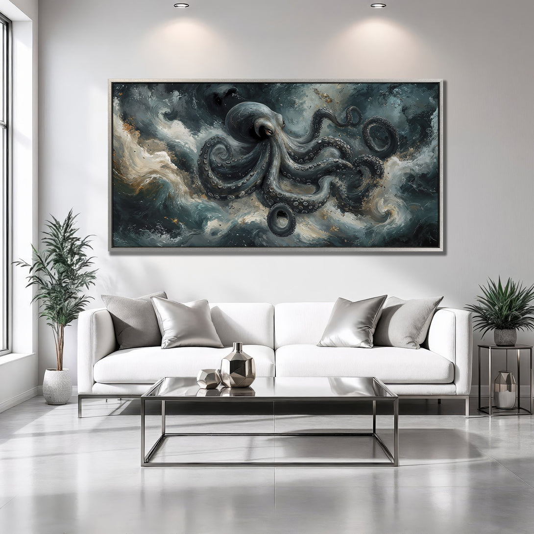 Framed Wall Art: Majestic octopus painting in moody blues & golds. Modern art canvas print adds elegance to any living room. Shop now!
