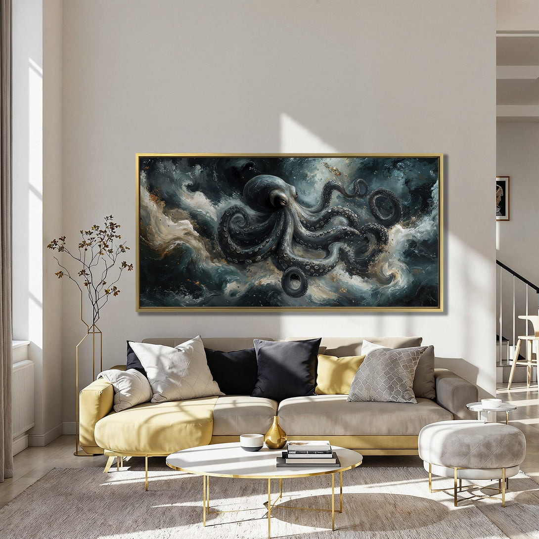 Canvas Print of an octopus in a dark, moody style with a teal and gold color palette. Perfect for coastal decor!