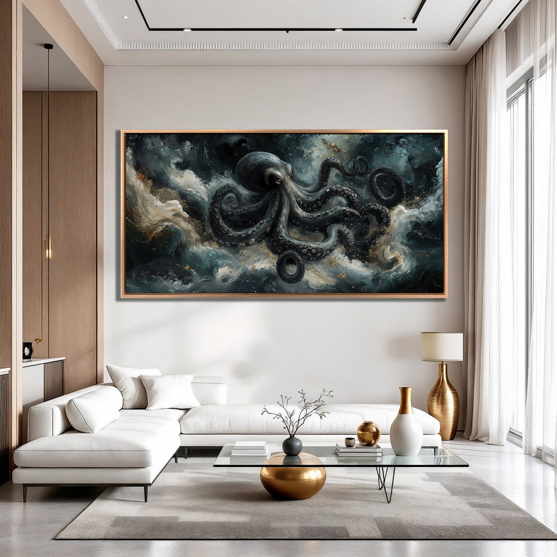 Framed Wall Art featuring an octopus in a dark, abstract style. Moody blues, grays, and gold tones create a stunning focal point for any modern interior.