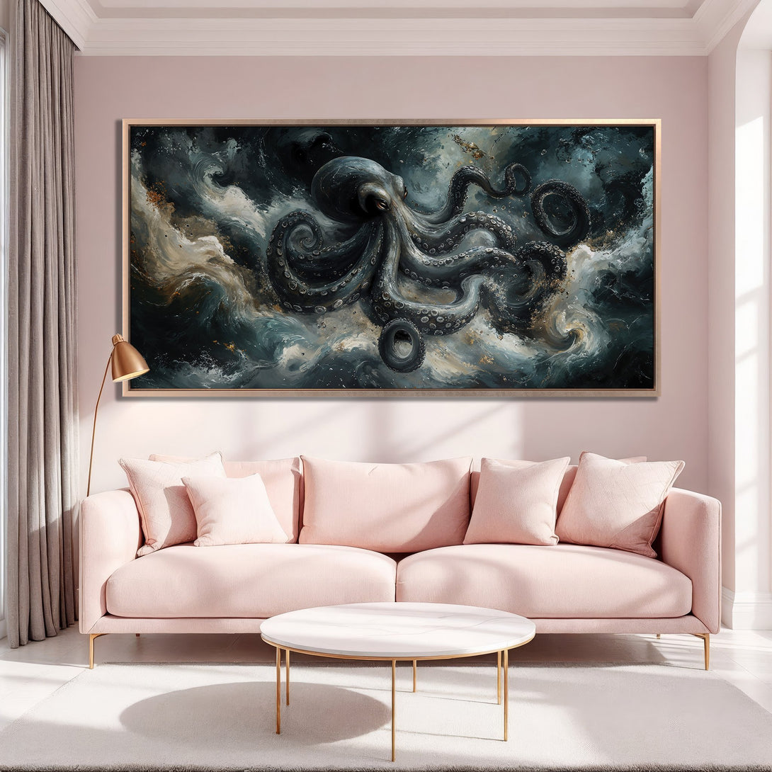 Framed Wall Art: Dramatic octopus painting in dark teal and gold tones. Adds a touch of mystery and elegance to any space. Shop now!