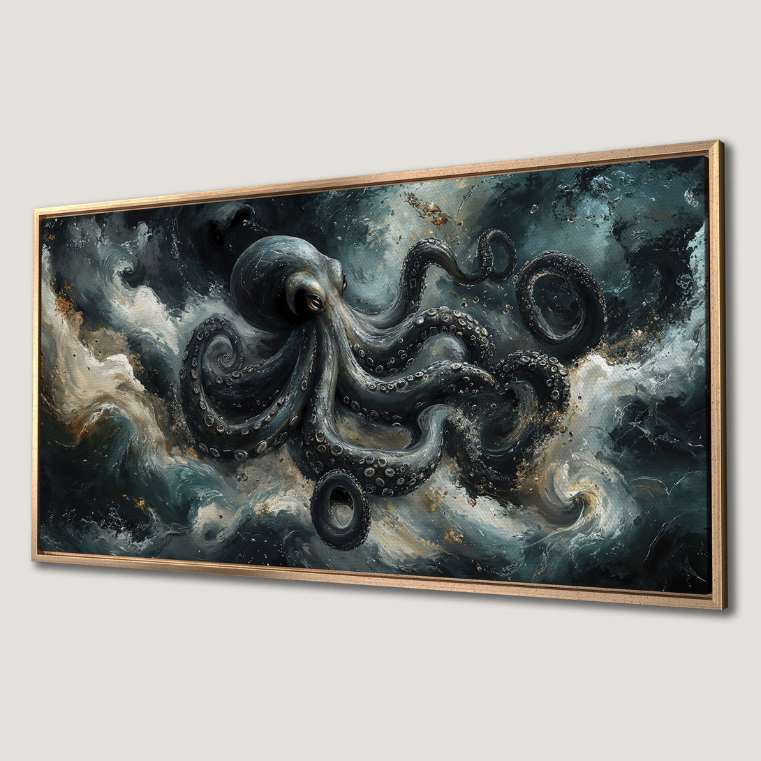 Framed Wall Art: Majestic octopus painting in dark blues and gold. Dramatic ocean art canvas print for your home decor.