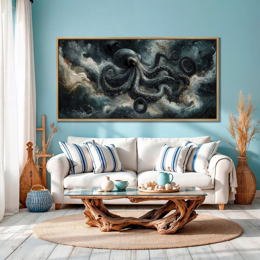 Framed Wall Art featuring an octopus in a dramatic, abstract style, with a dark, moody color palette. Perfect for coastal decor!
