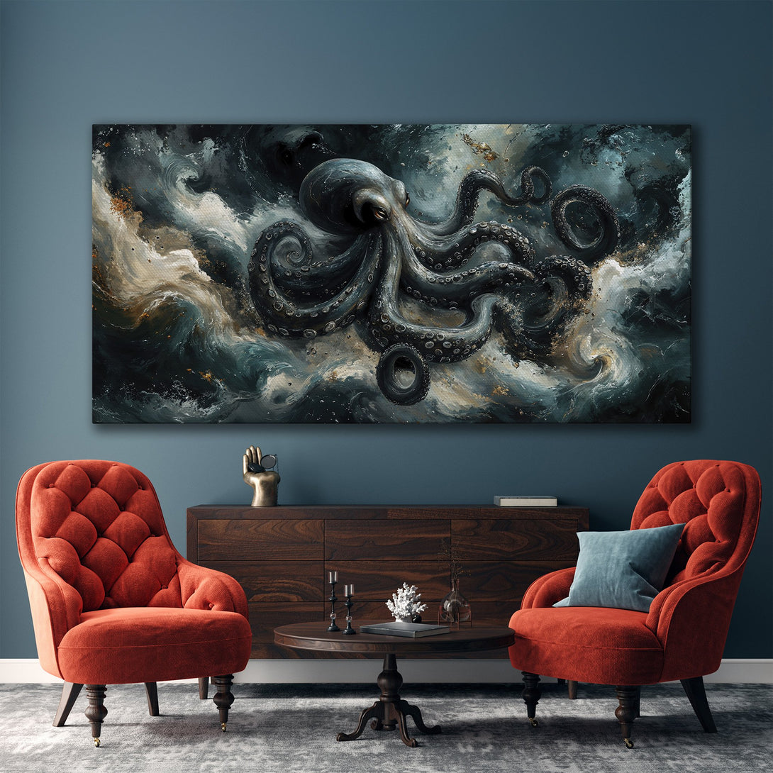 Framed Wall Art featuring an octopus in a dramatic, abstract style with a cool blue and gray color palette. Perfect for modern home decor.