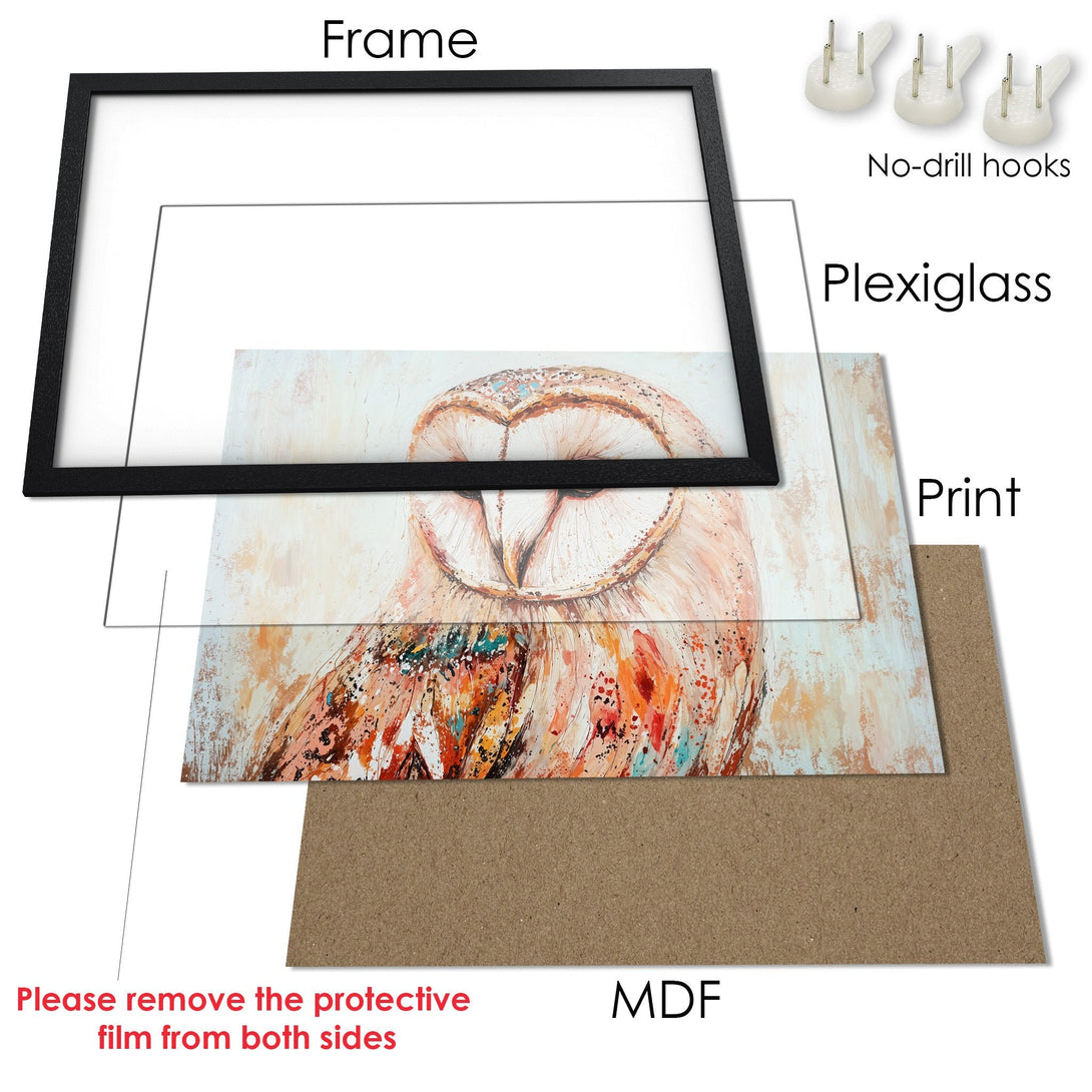 Framed Poster of an owl in a painterly style with a warm color palette. Perfect wall art for your home!