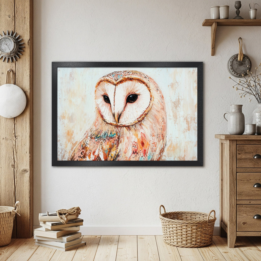 Framed Poster featuring an owl painting. Rustic style with warm, earthy tones. Perfect home decor accent.