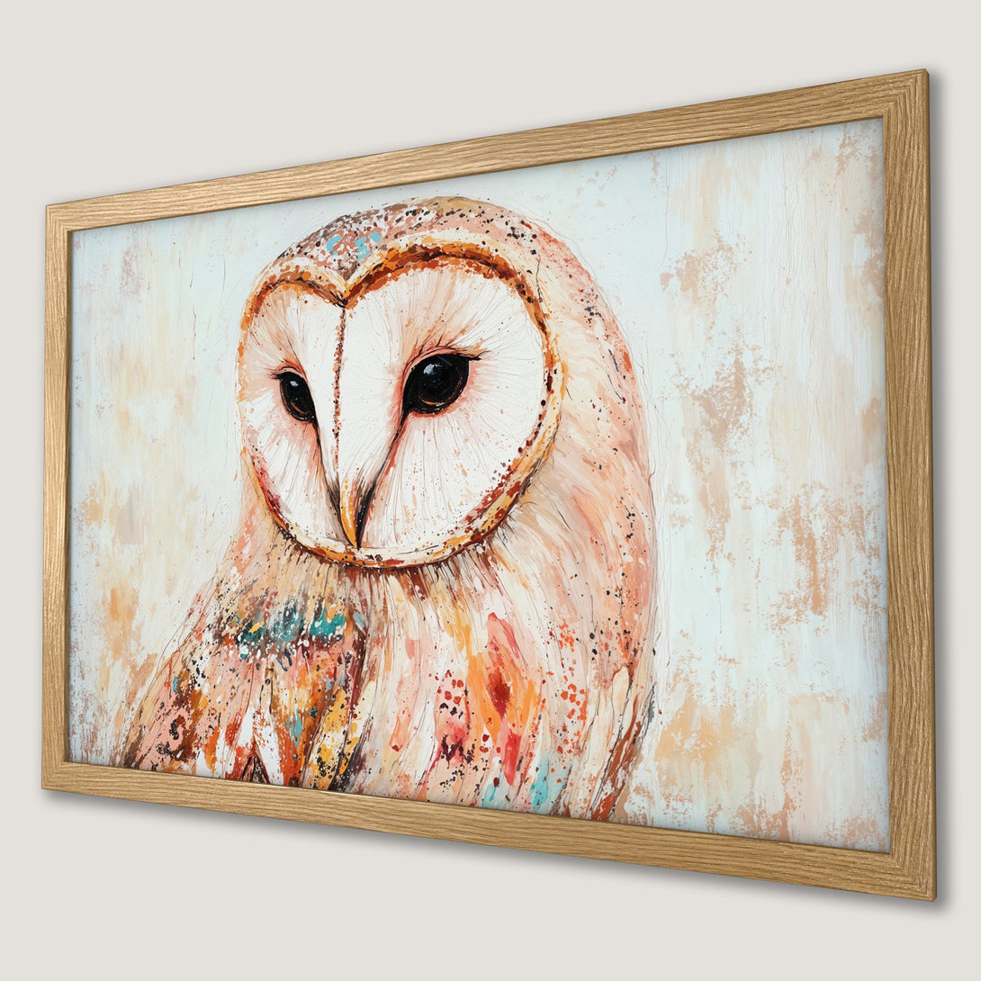 Framed Poster featuring an owl in a painterly style with warm, earthy tones. Perfect wall art for your home!