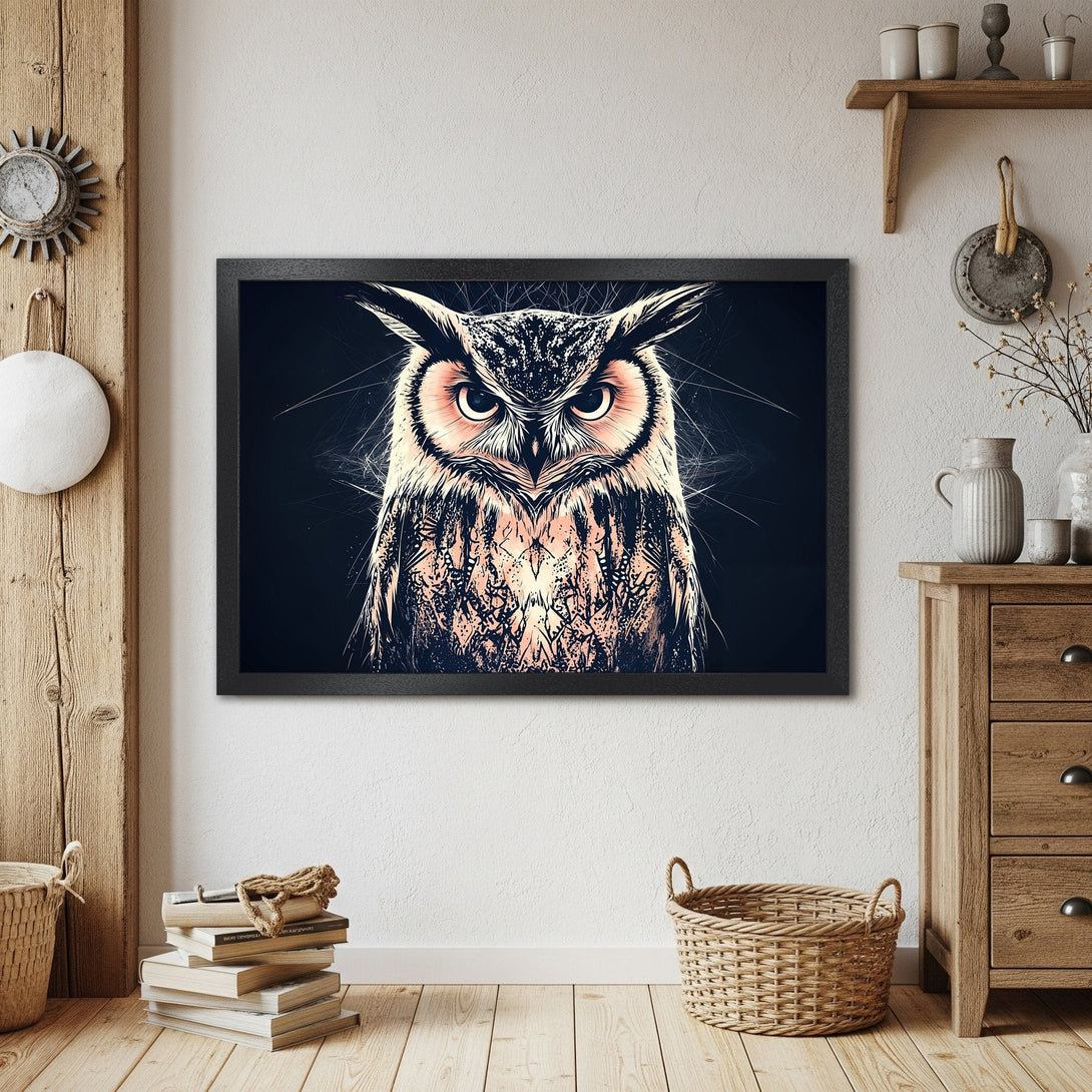 Framed Poster of an owl artwork. Modern style with a dark, moody palette. Perfect wall art for your home!