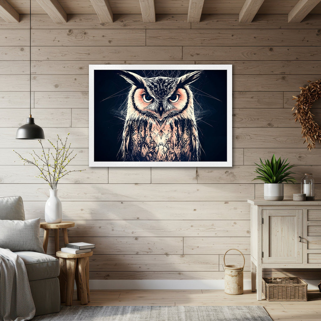 Framed Poster featuring a detailed owl illustration in a modern, artistic style with a neutral and warm color palette. Perfect wall art!