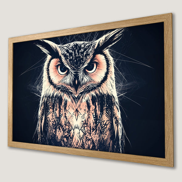 Framed Poster featuring a detailed owl illustration in a modern style with a dark, pink, and black color palette.