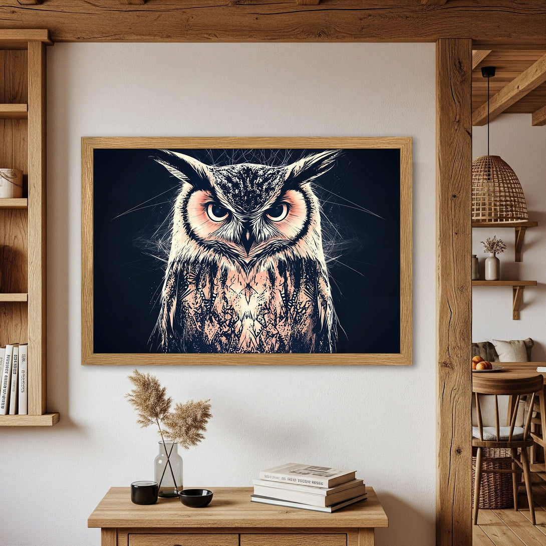Framed Poster featuring a detailed owl illustration in a modern style with a dark and peach color palette. Perfect wall art!