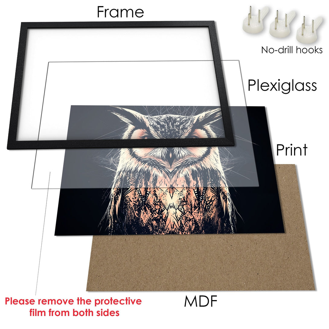 Framed Poster featuring an owl in a striking black, beige, and white color palette. Perfect wall art for any space!