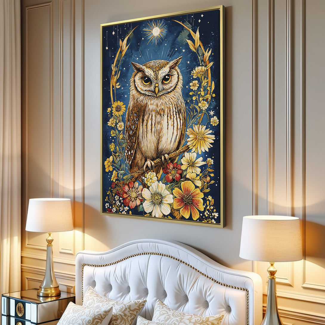 Canvas Print featuring a majestic owl in a floral, watercolor style. Rich blue, gold, and earthy tones create a stunning wall art piece.