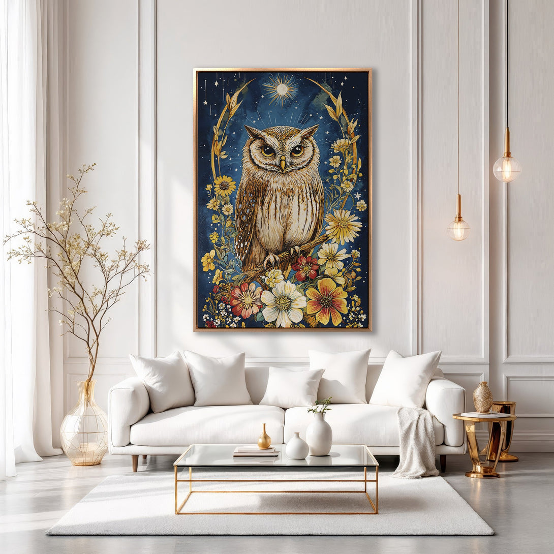 Framed Wall Art: Majestic owl print in a floral design, featuring a rich blue, gold, and warm earth-tone color palette. Perfect for adding elegance to any space.
