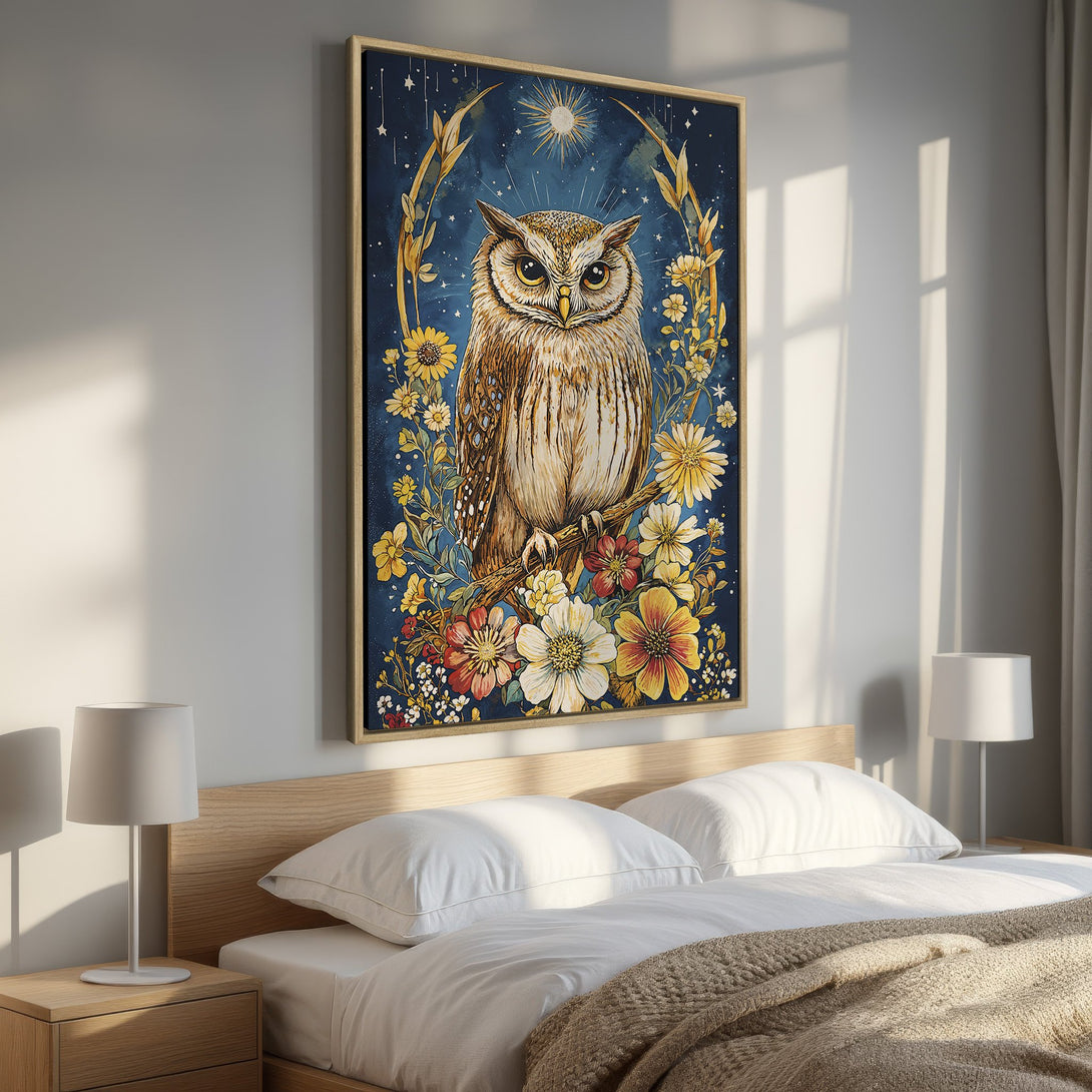 Framed Wall Art: Majestic owl canvas print with a floral design, set against a deep blue background. Warm yellow, brown, and red tones create a cozy, artistic feel.