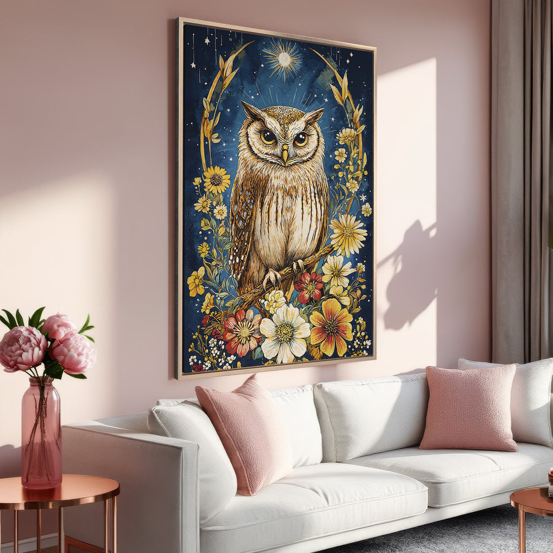 Framed Wall Art: Majestic owl portrait in a floral setting. Rich blues, yellows, and earth tones. Perfect for adding a touch of nature-inspired elegance to your home.
