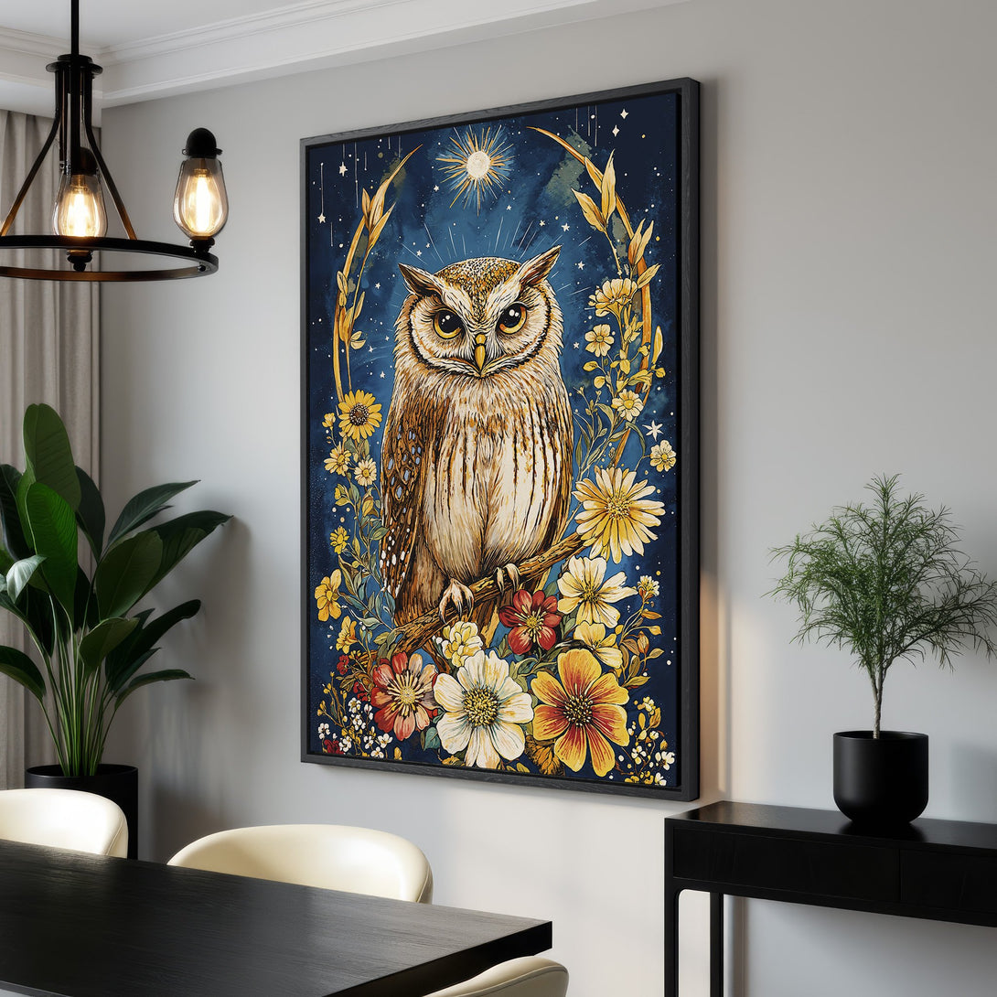 Framed Wall Art featuring a whimsical owl illustration in a floral setting. Rich blue, gold, and warm earth tones create a captivating, artistic statement piece.