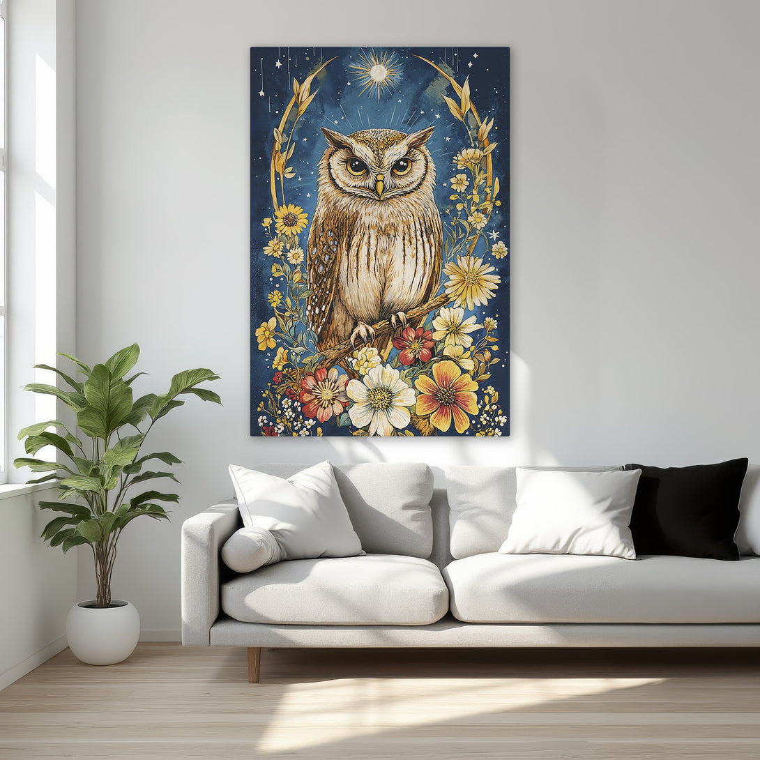 Framed Wall Art featuring a majestic owl illustration in a botanical style with a rich blue, gold, and floral color palette. Perfect for bedroom decor!
