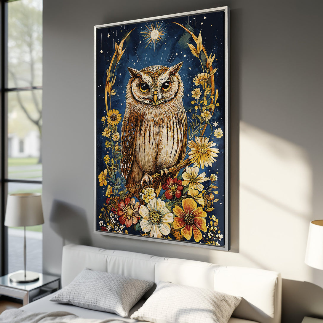 Framed Wall Art: Majestic owl illustration in a floral, celestial style. Deep blue, gold, and earthy tones create a captivating Canvas Print for your home.