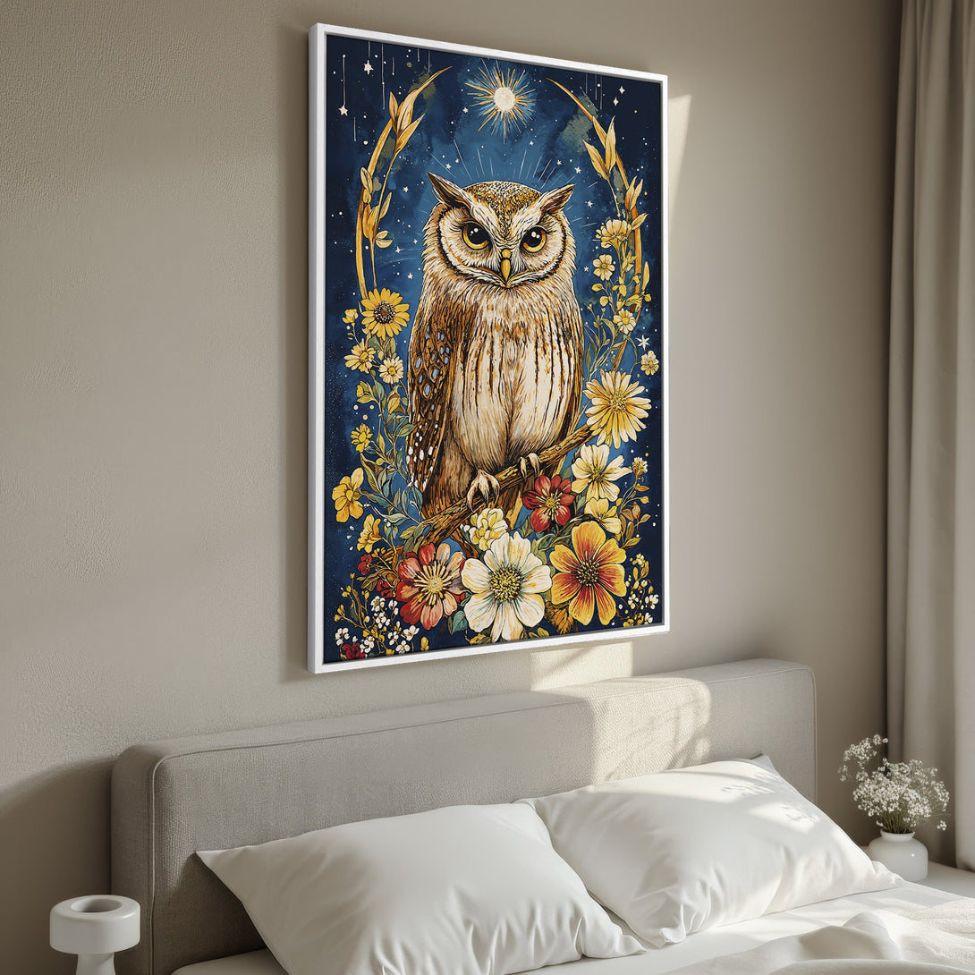 Framed Wall Art: Majestic owl print with floral accents and a celestial blue backdrop. Earthy tones with pops of yellow and red. Perfect for any space!