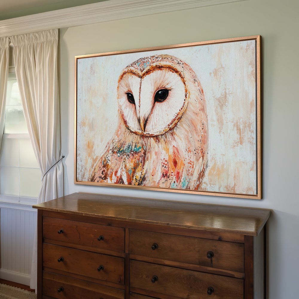 Framed Wall Art: Owl portrait in warm, earthy tones. Rustic style Canvas Print adds a touch of nature to your home decor.